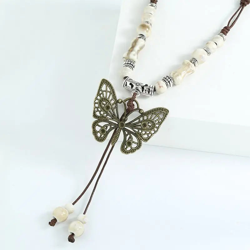 Lunivop Ethnic Style Butterfly Bead Necklaces Vintage Silver Color Long Sweater Chain Necklace for Women Exquisite Birthday Jewelry Gift