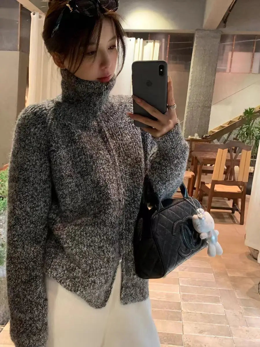 Lunivop Women Zip Up Sweater High Neck Zipper Front Knit Cardigan Sweater Jacket Ladies Autumn Winter Korean Fashion Outfit