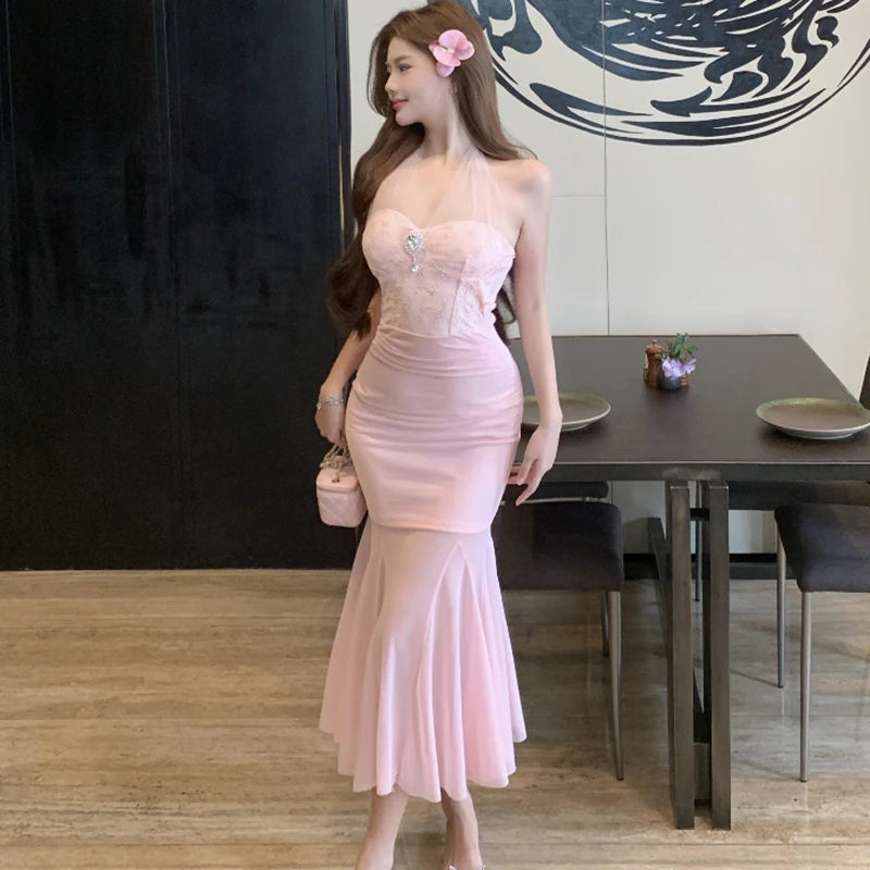 Lunivop  Pink Mesh Embroidery Chic Diamon Luxury Dress Women Elegant Neck-mounted Long Dress Summer Korean Bodycon One Piece Dresses