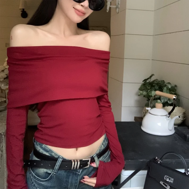 Lunivop Chic Women Sexy Off Shoulder T-shirt Winter Long Sleeve Slim Fit Crop Top Y2K Vintage Harajuku Black Tees Elegant Female Clothes
