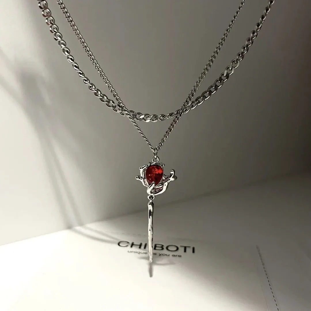 Lunivop Double Layer Red Zircon Rose Pendant Necklaces Y2K Layered Flower Stone Chain Necklace Irregular Floral Aesthetic Jewelry Gifts