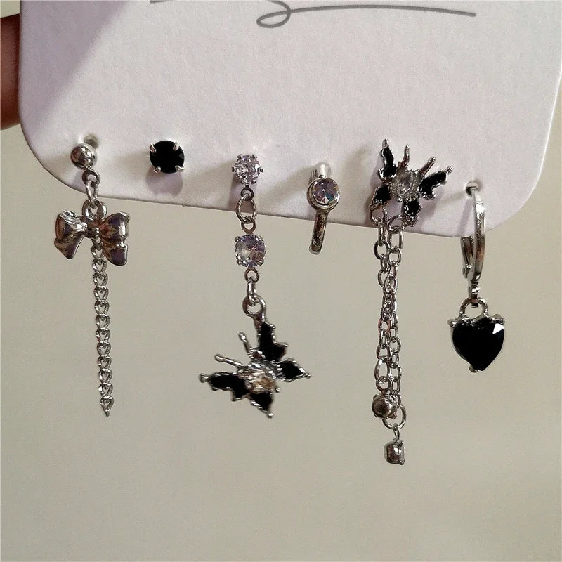 Lunivop 6PCS SET Goth Black Butterfly Crystal Tassel Chain Pendant Earring For Women Vintage Aesthetic Trendy Y2K Jewelry Gift Brincos