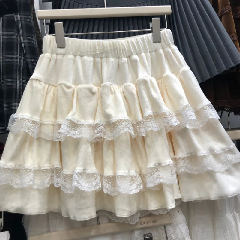 Lunivop Autumn Winter Sweet Solid Elastic Waist Skirt Women Elegant Chic Lace  High Waist Short Skirt Female Design Cute Cake Skirt New