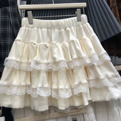 Lunivop Autumn Winter Sweet Solid Elastic Waist Skirt Women Elegant Chic Lace  High Waist Short Skirt Female Design Cute Cake Skirt New