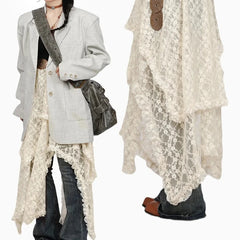 Lunivop Lace Vintage Long Skirts Irregular Holiday Y2k Skirt for Women Boho See Through High Waist Elegant Tulle Midi Skirts
