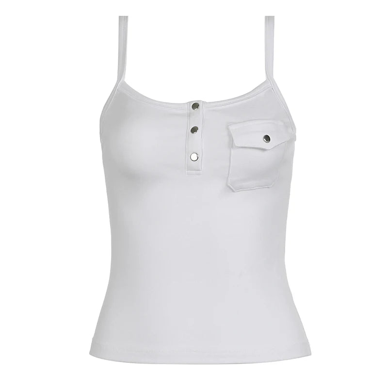 Lunivop  Solid Skinny Cargo Pocket Crop Top Sexy See Through White Camisole Women Basic Summer Strap Tees y2k Streetwear Clothing