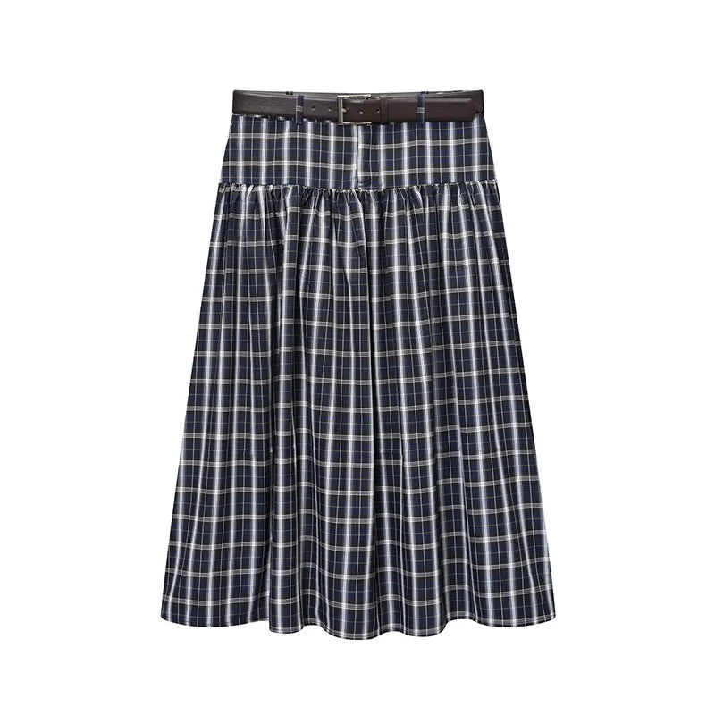 Lunivop  With Belt Long Skirts For Women Fashion New Vintage Plaid Midi Skirt High Street Casual Pleated Chic Midi Skirts Mujer ﻿