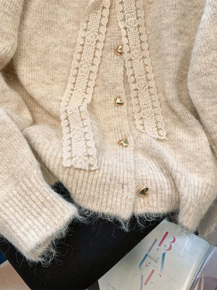 Lunivop Bow Sweet Women Cardigan Korean Long Sleeve Loose O Neck Knitted Sweaters Casual Love Buttons Vintage Lady Fall Winter Tops
