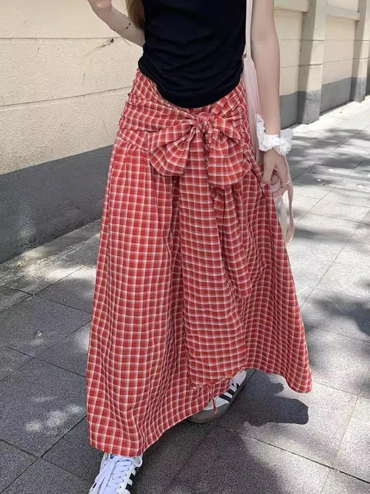 Lunivop  Vintage Red Plaid Long Skirts Women Sweet Bow High Waist A Line Skirt Vintage Korean Loose Casual Design Female Skirt New