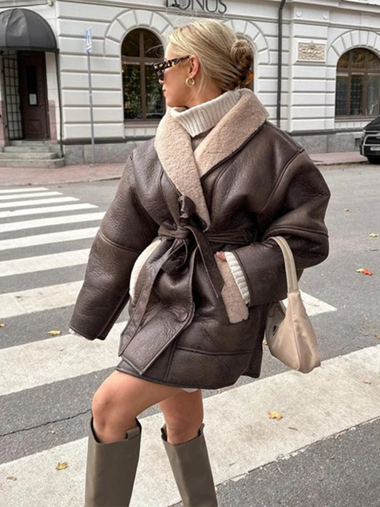 Lunivop Patchwork Faux Leather Coat With Belt Women Elegant Sheepskin Neck Single Breasted Coats Female Winter Thickening Streetwear