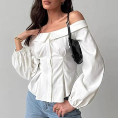 Lunivop  New Spring Autumn French Sexy Off The Shoulder Office Lady Blouse Y2k Fashion Euramerican Slim Waist Draped Clothes Harajuku Top