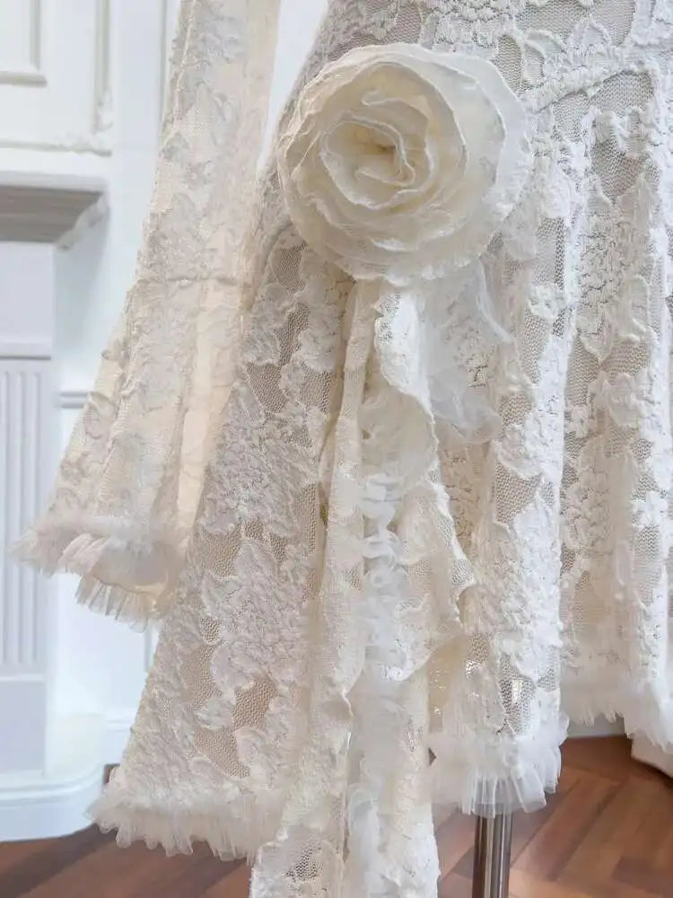 Lunivop Women's Lace Ruffled Asymmetric Design Dresses V Neck High Waist Long Sleeve Slim Elegant Dress Autumn 2025 New