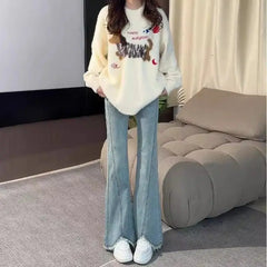 Lunivop  Light Blue Frayed Hem Design Micro Flare Jeans Plus Size for Pear Shaped Fat MM High Waist Slim Fit Pants