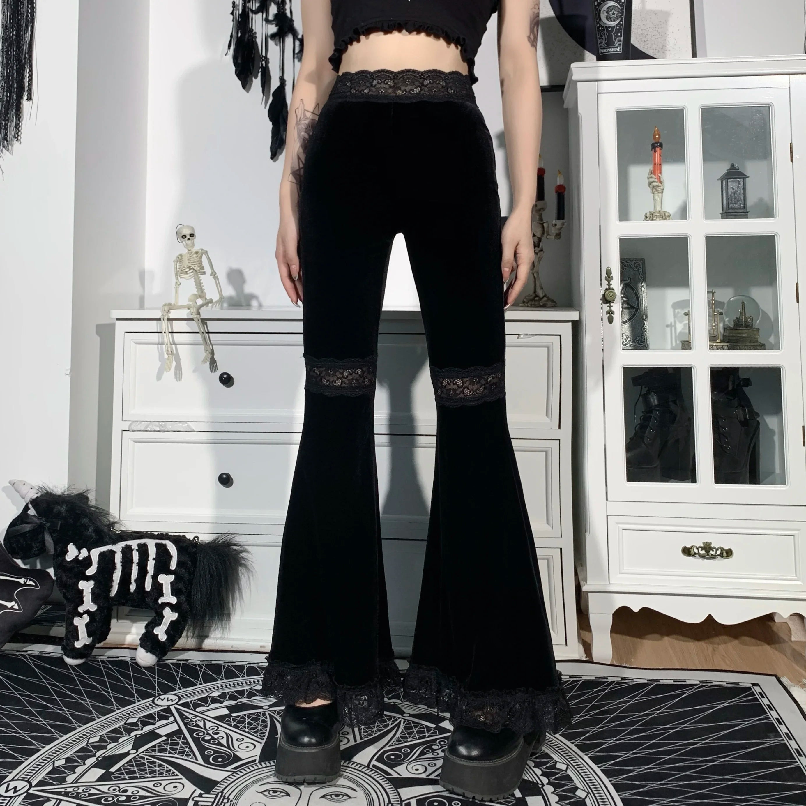 Lunivop Mall Goth High Waist Flared Pants Aesthetic Sexy Lace Patchwork Women's Pants Vintage Elegant Velvet Christmas Trousers