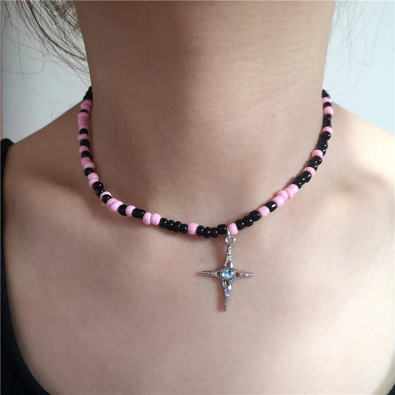 Lunivop Dopamine Pink Pendant Black Beaded Necklace For Women Sweet Cute Heart Flower Star Neck Chain Y2K Fashion Jewelry