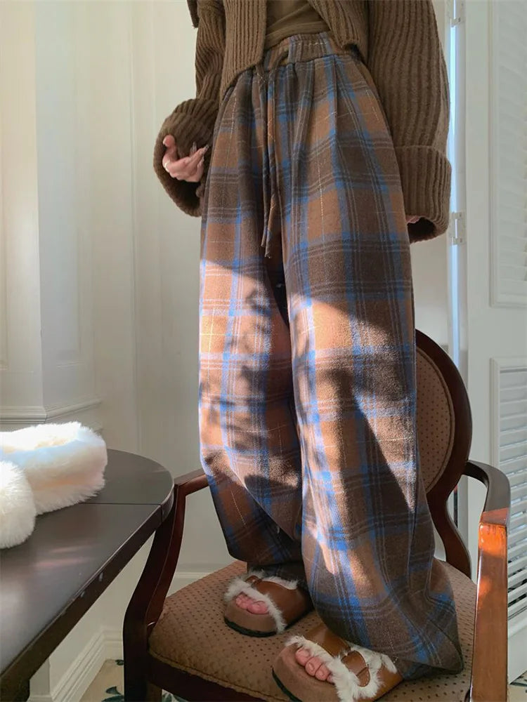 Lunivop Faux Woolen Warm Plaid Pants Women Vintage Harajuku High Waist Wide Leg Trousers Streetwear Retro Loose Casual Fall Winter Pant
