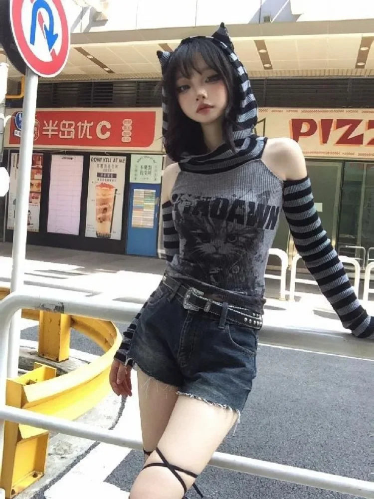 Lunivop Japanese Striped Patchwork Hoodie for Women Gothic Retro Cat Print Hollow Slimming Pullover Harajuku Style Dark Punk Top