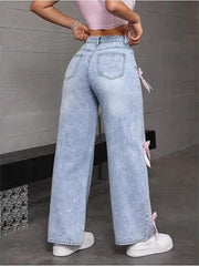 Lunivop  Y2k Wide Leg Pants Women's Bow Washed High Waist Jeans Streetwear Denims Distressed Vintage Straight Ankle Length Trousers