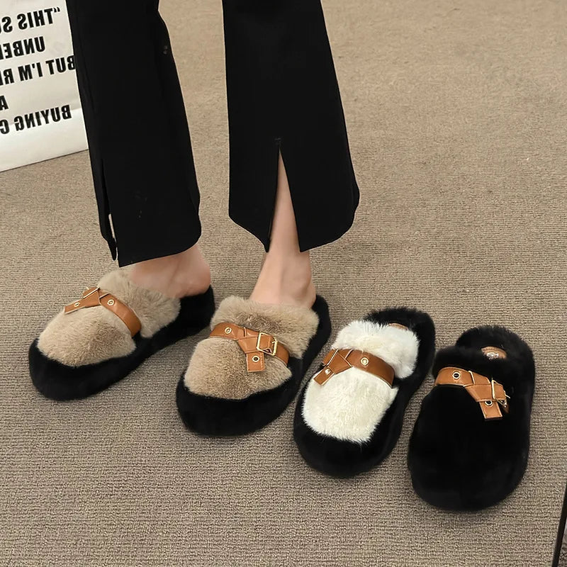 Lunivop Slippers Casual Flock  Platform Shoes New Fur Flip Flops Cover Toe Slipers Women Slides Luxury Plush Flat Rubber Slippers