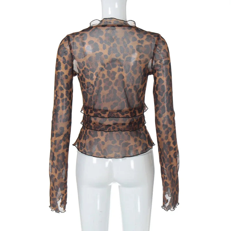 Lunivop Leopard Print Sheer See Through Mesh Women'S Tops Tshirt Summer Y2K Streetwear Casual Clothes 2024 Blouse Beachwear