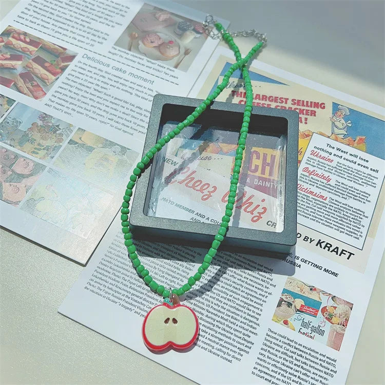 Lunivop Cute Red Cherry Choker Necklace For Women Girls Fruit Apple Orange Beads Necklaces Chain Necklace Summer Jewelry