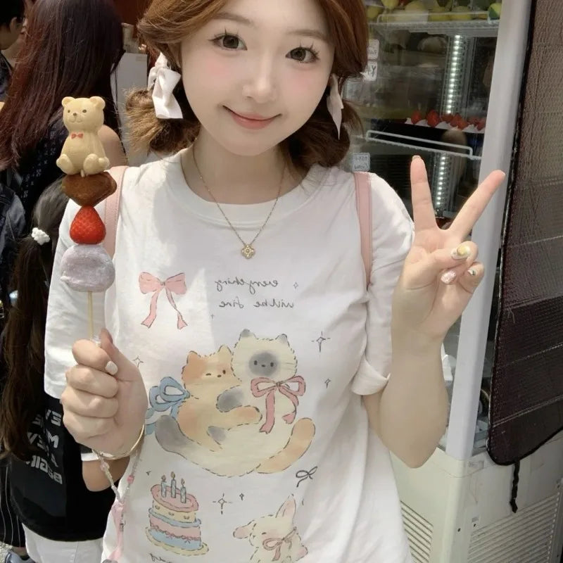 Lunivop  T Shirts Women Sweet Cartoon Cat Short Sleeve O Neck Funny Summer 2025 Fashion Tops Preppy Style Female Tshirt Casual