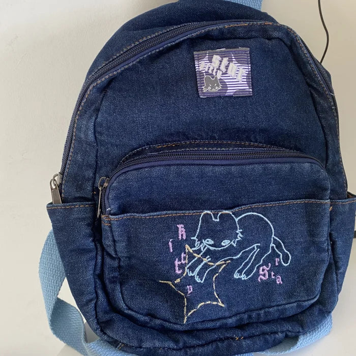 Lunivop Japanese Simple Kawaii Cat Backpack Denim Handbag Shoulder Bags Large Capacity Student Schoolbag Cute Women Backpack