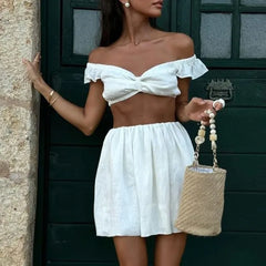 Lunivop   Tank Top Puffy Mini Skirt Two Piece Set Women Summer Sling Crop Top Short Skirt Sets Female Beach Casual Dress Set Suit 2025