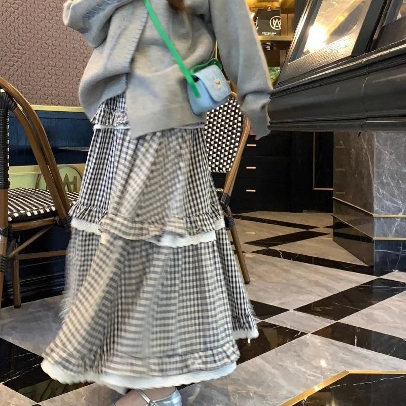 Lunivop  Deeptown Kawaii Harajuku Plaid Skirt Women Preppy Style Sweet Long Skirts Retro Lace Patchwork A-line Ruffle Skirts Streetwear