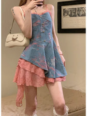 Lunivop  Chic Fashion Women Harajuku Irregular Patchwork Denim Camisole Dresses Summer New Contrast Colar Mini