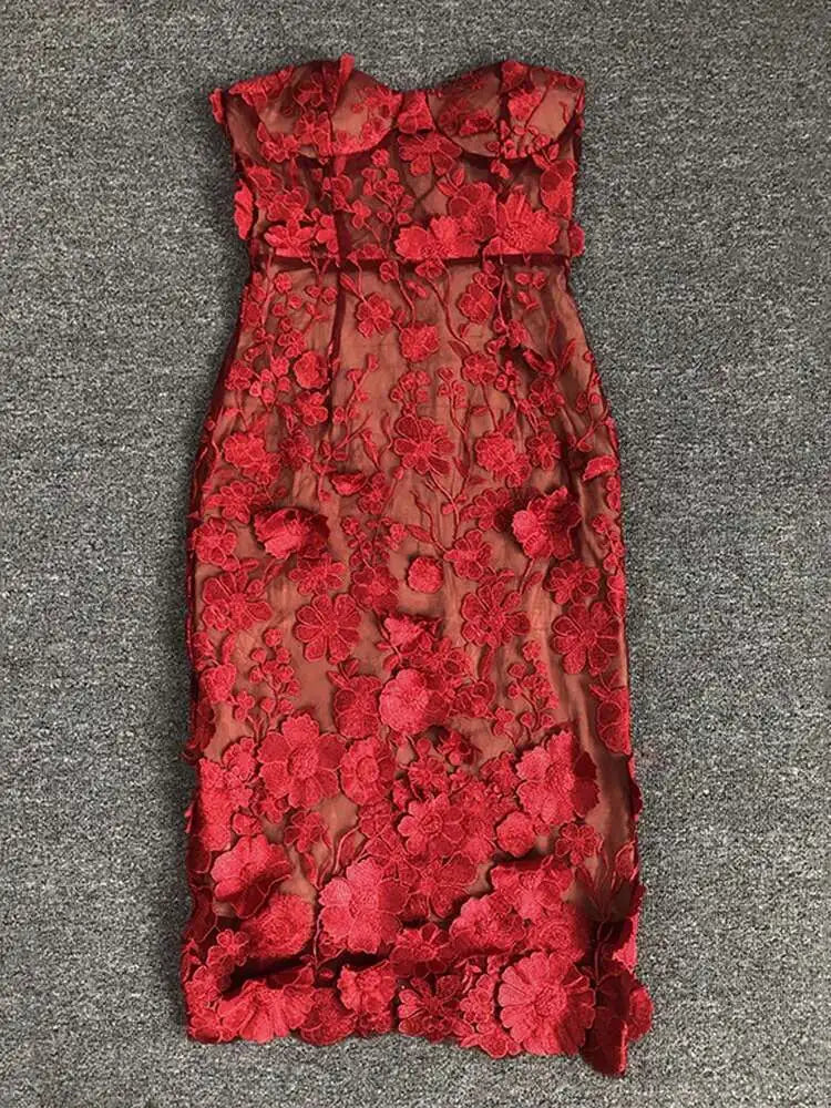 Lunivop Fashionable Solid Mesh Embroidered 3D Flower Women's Dresses Strapless Sleeveless High Waist Dress New Tide