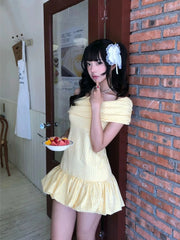 Lunivop Sweet Elegant Bodycon Mini Dresses Women Off Shoulder Korean Style Butter Yellow Plaid Ruffles Dresses Y2k Harajuku