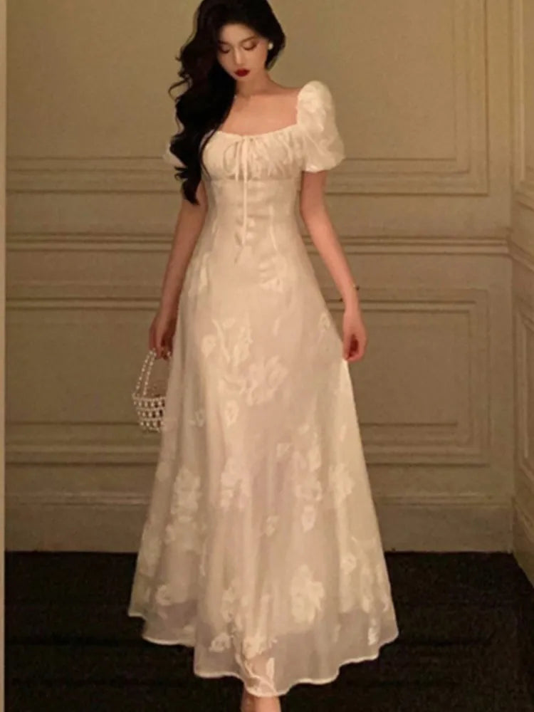 Lunivop  Puff Sleeve Evening Party Dress for Women Summer New Elegant Chinese Style Square Collar Lace-up A-line Long Vestidos Mujer