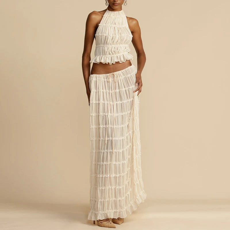 Lunivop  Women Boho Sexy Backless Matching Suit 2 Piece Beach Holiday Outfits Vintage Ruched Halter Cami Tops + Maxi Long Skirt Party
