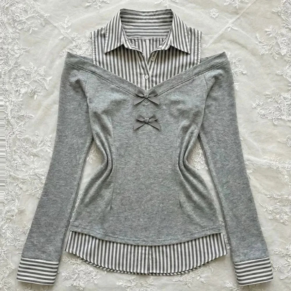 Lunivop  Patchwork Stripe Turn-down Collar Long Sleeve T-shirt Minority Slim Punk Style Crop Top Korea Chic Off Shoulder New Shirt