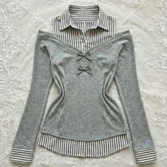 Lunivop  Patchwork Stripe Turn-down Collar Long Sleeve T-shirt Minority Slim Punk Style Crop Top Korea Chic Off Shoulder New Shirt
