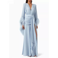Lunivop  Light Blue Evening Dress V-Neck Feather Long Sleeves Elegant Evening Gowns Cascading Chiffon Ruffle Party Dresses