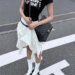 Lunivop  Deeptown Korean Style Irregular Skirt Women Vintage Elegant White Ruffle Skirt Lace Patchwork Summer Layered Midi Skirts Street