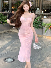 Lunivop  Women Pink Mesh Patchwork Jacquard Diamonds Sling Long Dress Summer Elegant Casual Holiday Dress Korean Bodycon Party Dress