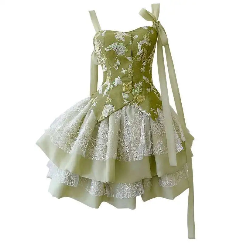 Lunivop  Light Luxury Lace-up Dress Women Spliced Embroidery Suspender Ballet Style Cake Fluffy Dresses Female