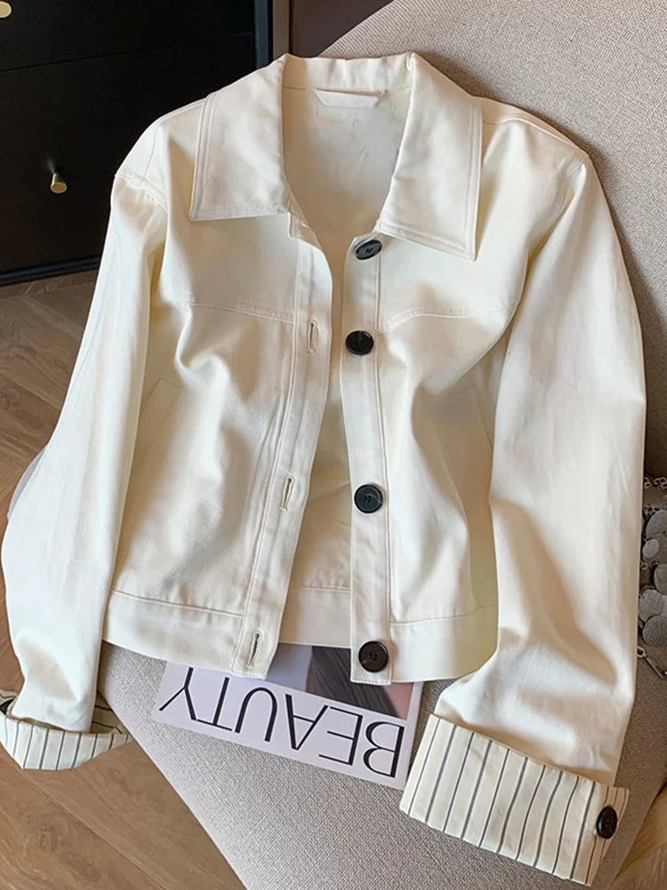Lunivop Fashion Sweet Slim Denim Jacket Women Korean Long Sleeve Striped Patchwork Short Coat Fall Winter Female Chic Outwear Tops
