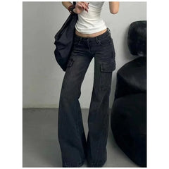 Lunivop Black Womens Jeans High Waist Vintage Straight Winter Denim Pants Street Multiple Pockets American Wide Leg Baggy Denim Trouser