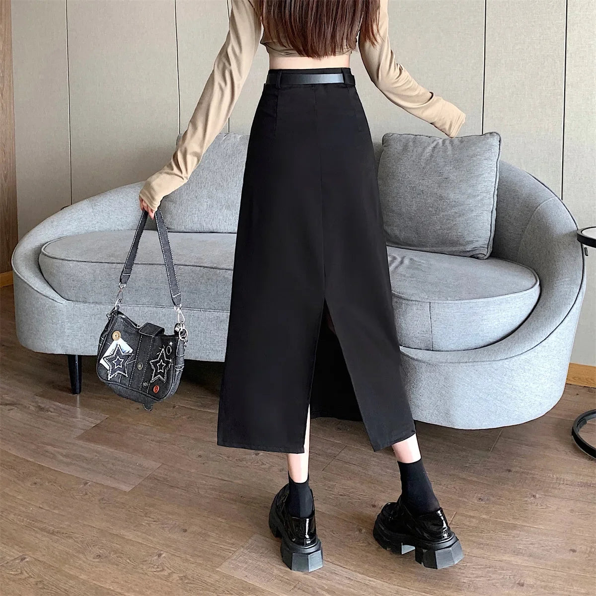 Lunivop High-waisted Slimming Skirt Greysuit Women's Lightweight Casual A- line Medium-length Dress