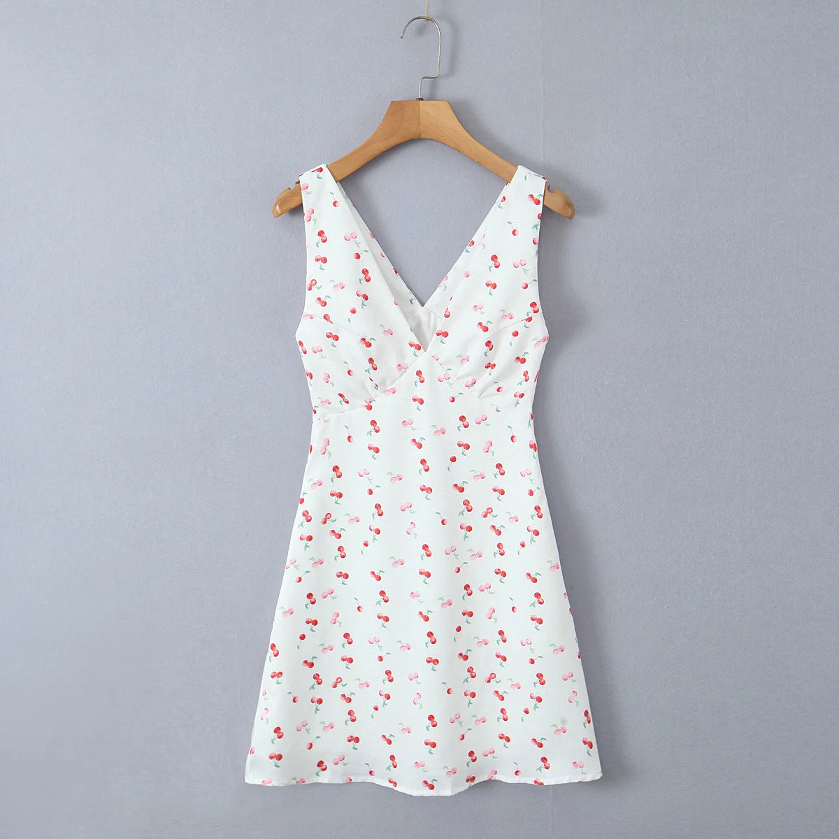 Lunivop  Sexy White With Red Cherry Print V neck Mini Tank Dress Women Slim Waist A-Lined Sleeveless Short Robe Holiday
