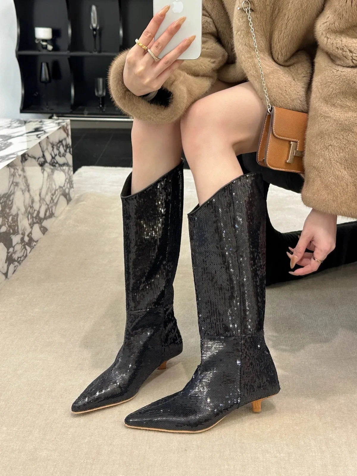 Lunivop Sequin Women Knee High Boots Fashion Elegant Slip on Long Booties Sexy High Heels Stripper Shoe Botas De Mujer