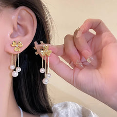 Lunivop New Trendy Golden Flower Pearl Long Tassel Earrings For Women Exquisite Alloy Needle Sweet Elegant Party Wedding Jewelry Gifts