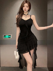 Lunivop  Black Patchwork Mesh Ruffled Sexy Club Dress Summer Pleated Bodycon Sling Dress Women Korean Vintage Hepburn Evening Dress