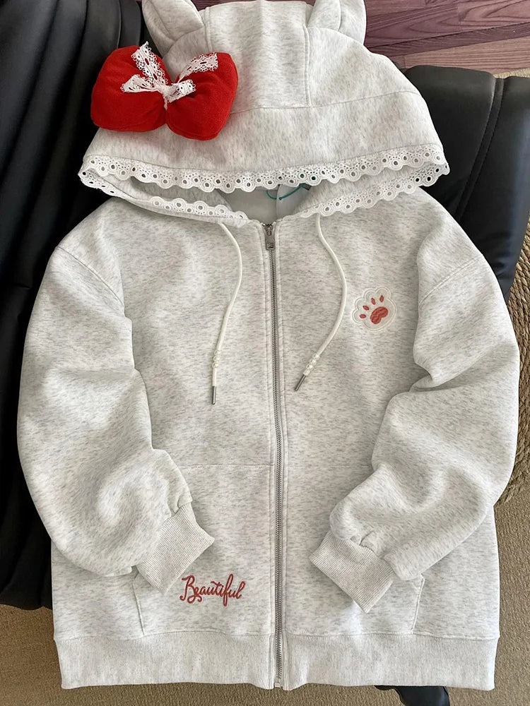 Lunivop Kawaii Print Bow Hoodies Women Sweet Lace Patchwork Long Sleeve Cute Sweatshirts Japan Loose Pockets Letter Female Zipper Tops