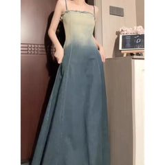 Lunivop  French Vintage Gradient Denim Strap Dress Women's Summer New Style Slimming Sleeveless Midi Skirt Retro Waist-Cinching Dress