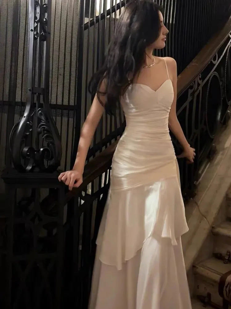 Lunivop Elegant Ruffles Spaghetti Women Long Dresses Fashion Strap Sleeveless Princess Party Dress Summer Slim Waist Casual Vestidos New